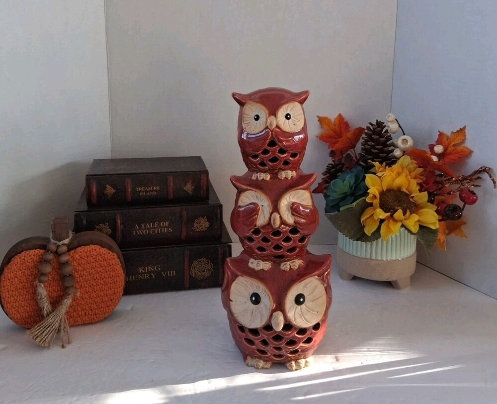 Ashland Stacked 3 Wise Ceramic Owls 'Hear See Speak No Evil' Russett Red Color